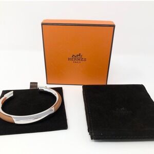 Hermes Kyoto Cuff Bracelet T4 Brown Leather Palladium Silver Italy Box Pouch
